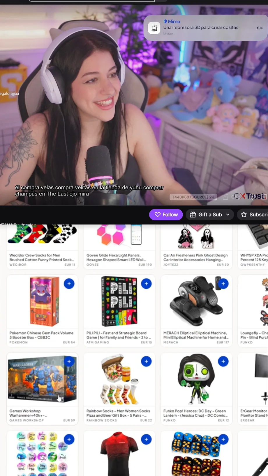 Directo de NiaPurpur con alerta de regalo de Mimo y productos de su wishlist en pantalla